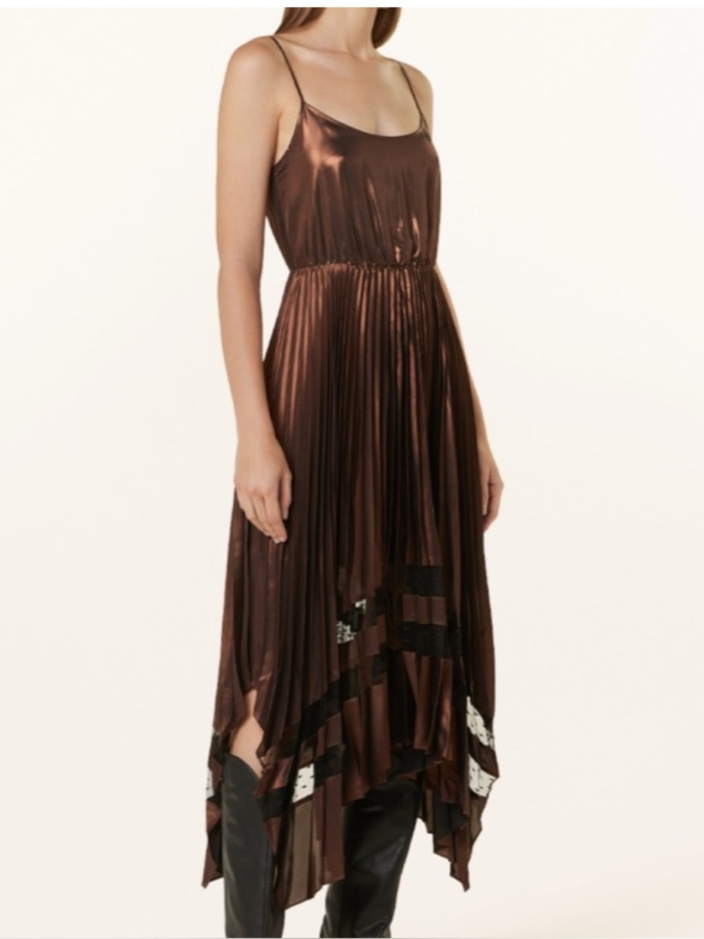 NEW ALL SAINTS Nadia Foil Dress Cacao Brown Pleated Midi Cocktail Dress Size M